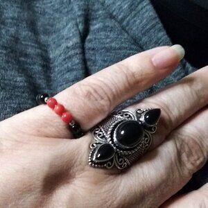 Red Coral + Black Stone Bead Rings! Stack Midi Knuckle Ring! Power Colors! Goth!